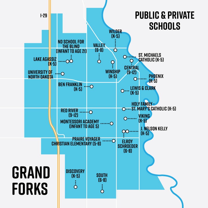 Map of Grand Forks Schools Public And Private North Dakota