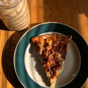 Pizza on a Plate with Iced Coffee