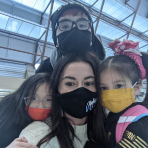 Courtney and her kids wearing masks out in Grand Forks.