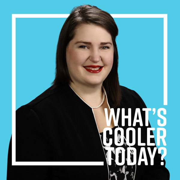 A women in with a blue background with the words "What's Cooler Today?" surrounding it,