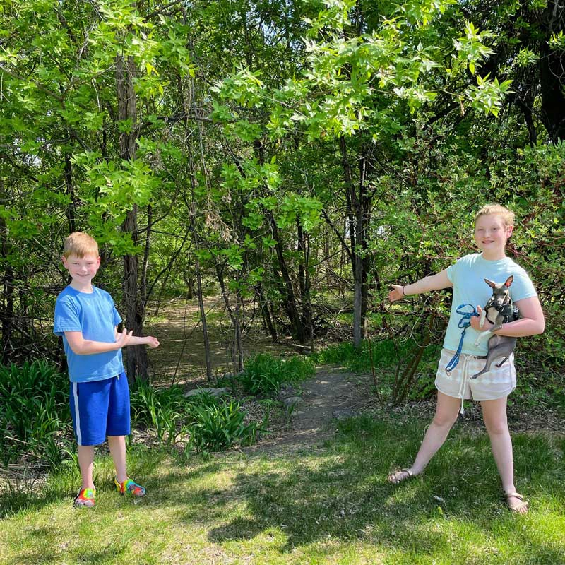 Mairi and Jonas on path downtown Grand Forks