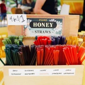 A variety of honey straws being sold at the downtown farmers market in Grand Forks