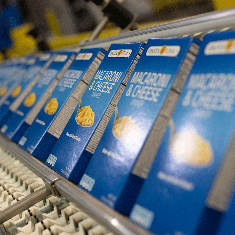 Boxes of macaroni at a production line at Philadelphia Macaroni in Grand Forks, ND