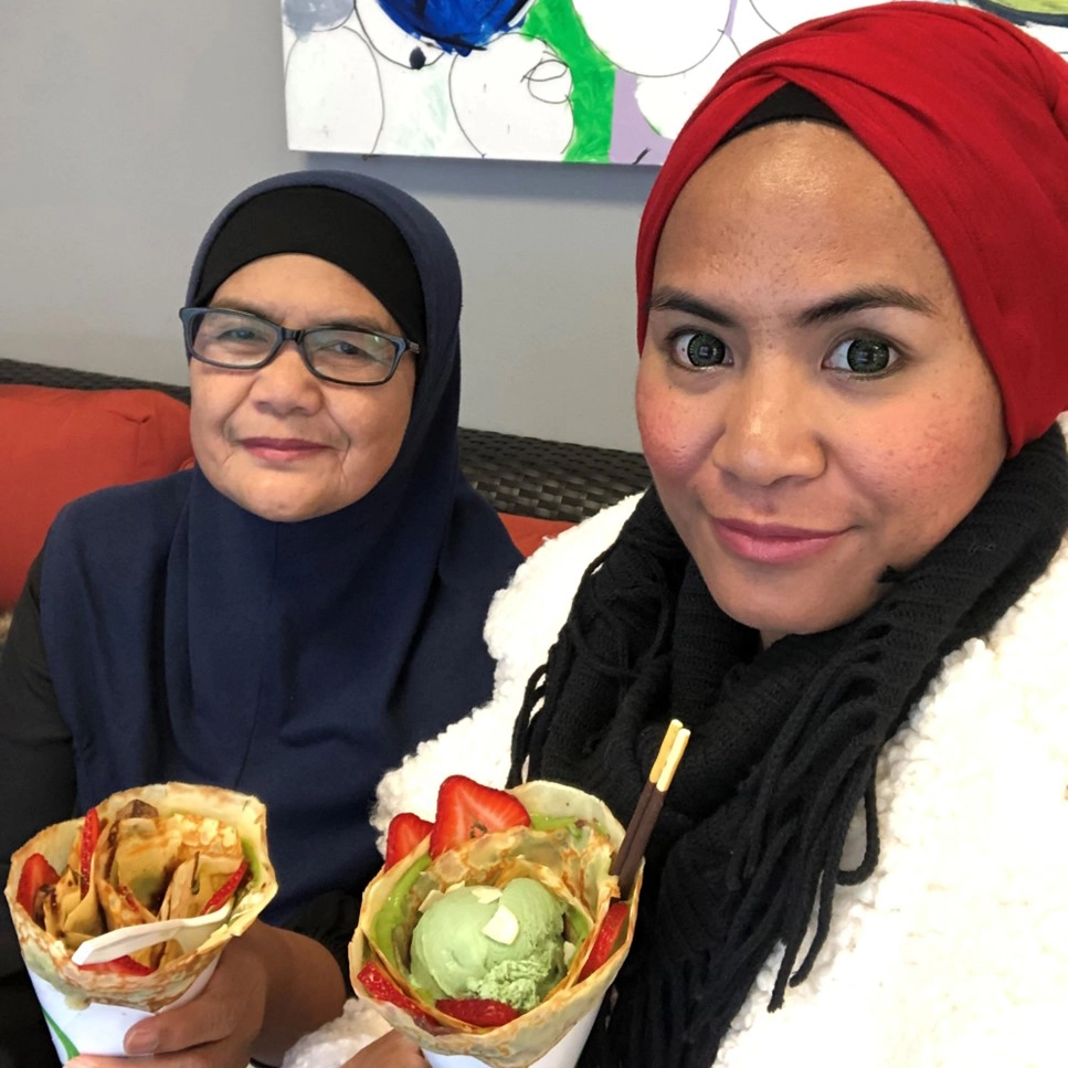 Fifi and her mom at Tea and Crepe in Grand Forks