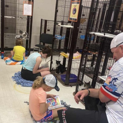 Volunteers reading to cats in Grand Forks animal shelter.