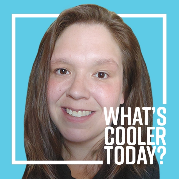 Grand Forks writer of 'What's Cooler Today?' Author Jennifer in front of Blue Background