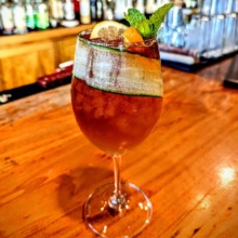 Cocktail on bar counter in Grand Forks, North Dakota restaurant.