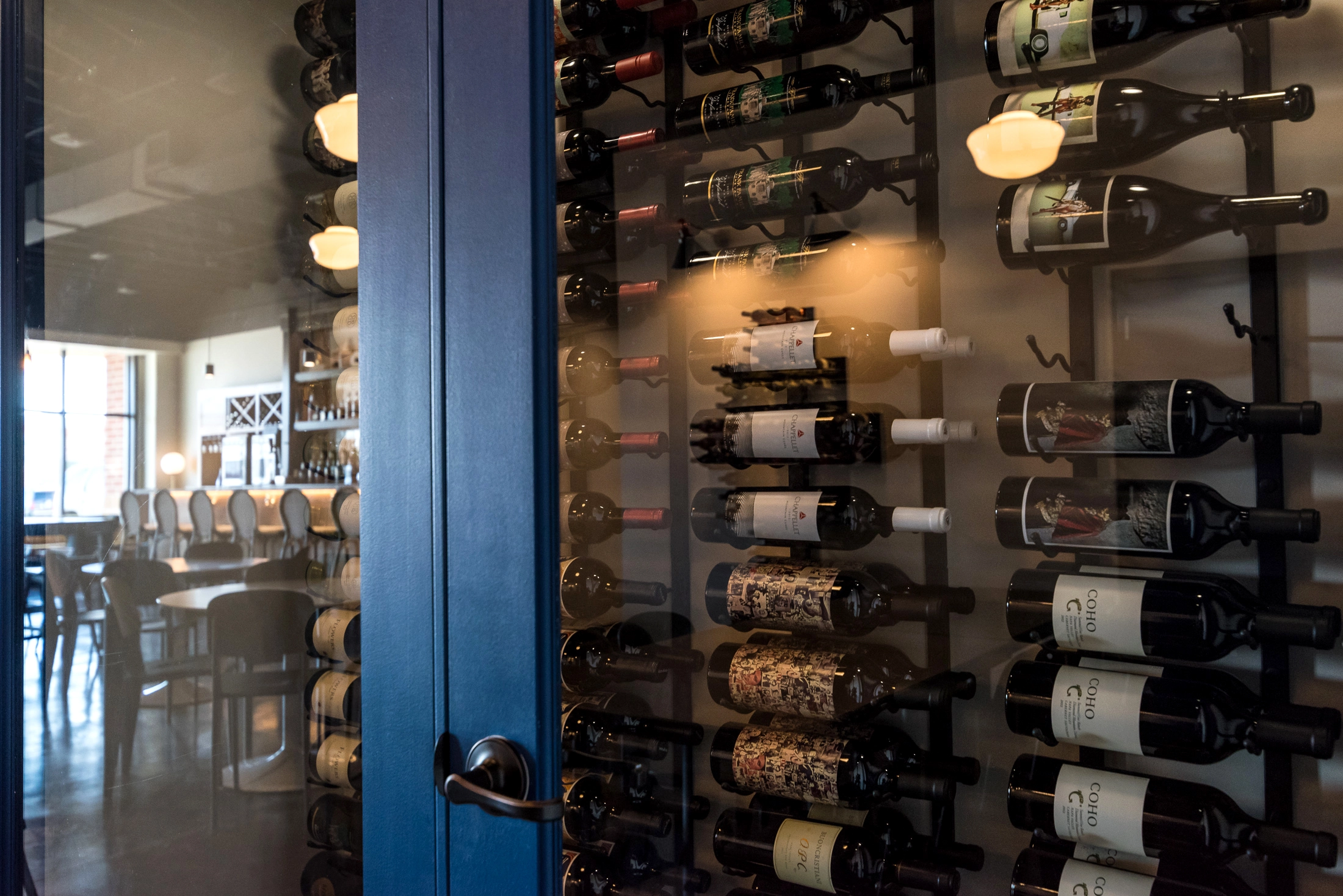 Wine rack at Helix Wine and Bites in Grand Forks.