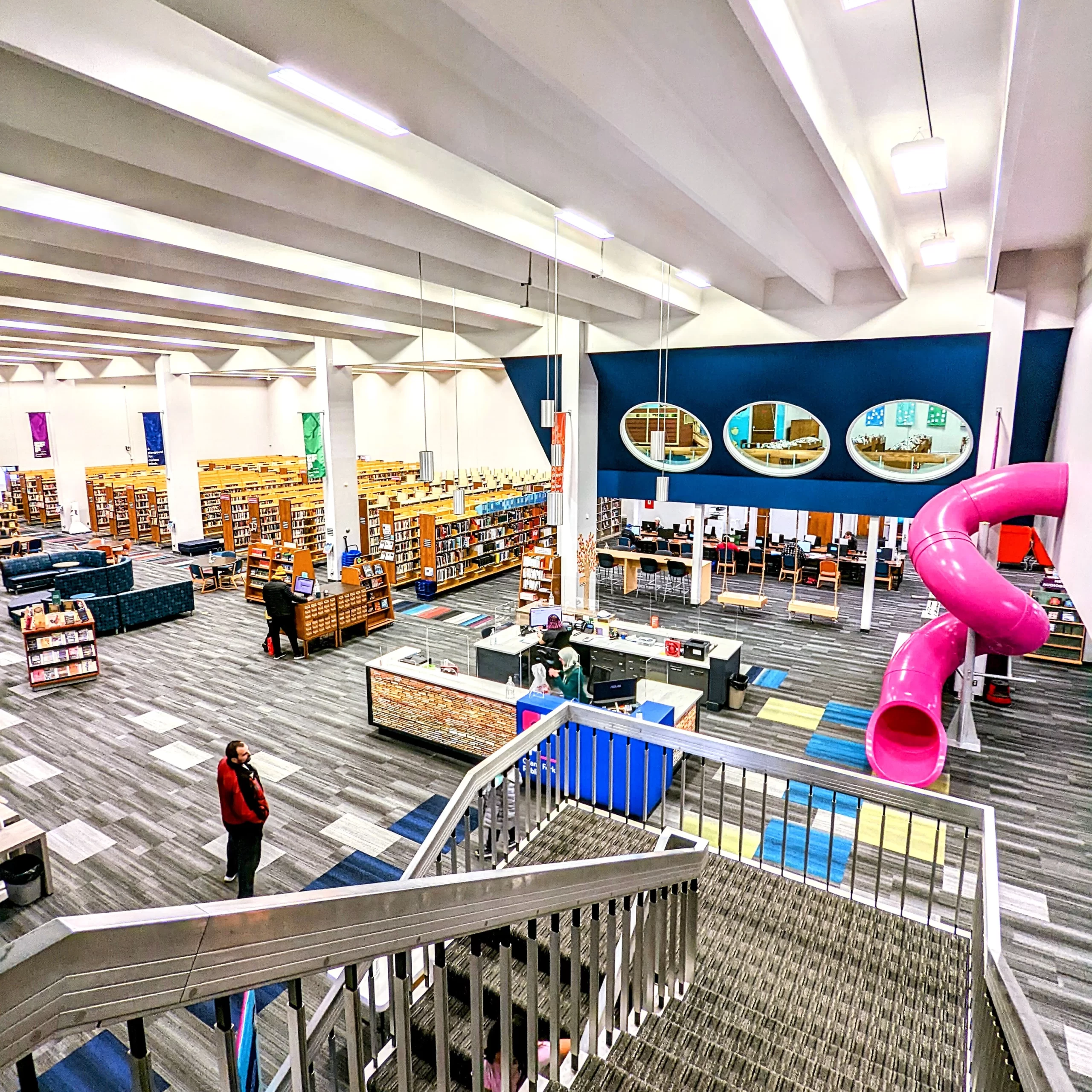 Grand Forks Public Library with pink slide.