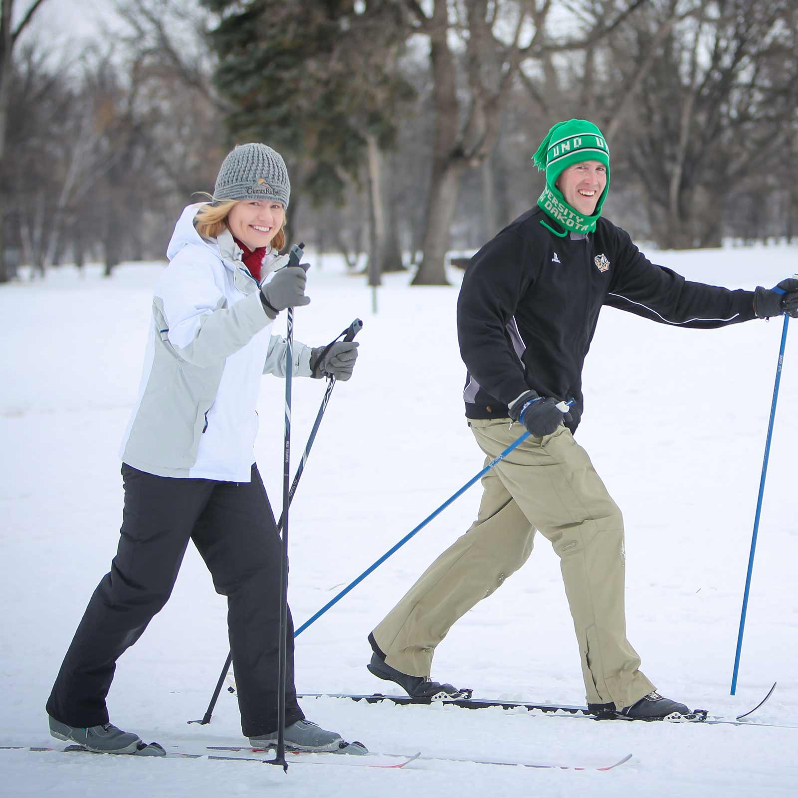 Couple skiing on Greenway in Grand Forks, ND