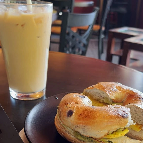 Bagel and coffee at Archives coffee in Grand Forks.