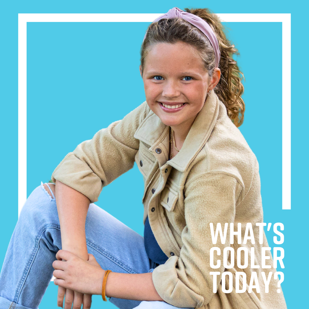 What's Cooler Today author Brae sits in a casual pose. She is surrounded by a blue graphic that reads "What's Cooler Today?"