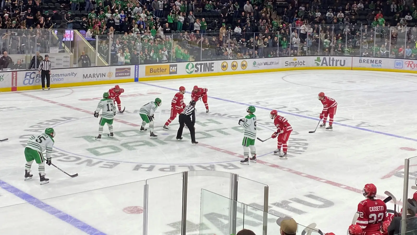 Grand Forks UND Hockey players on the Ice at the Ralph Englestad Arena