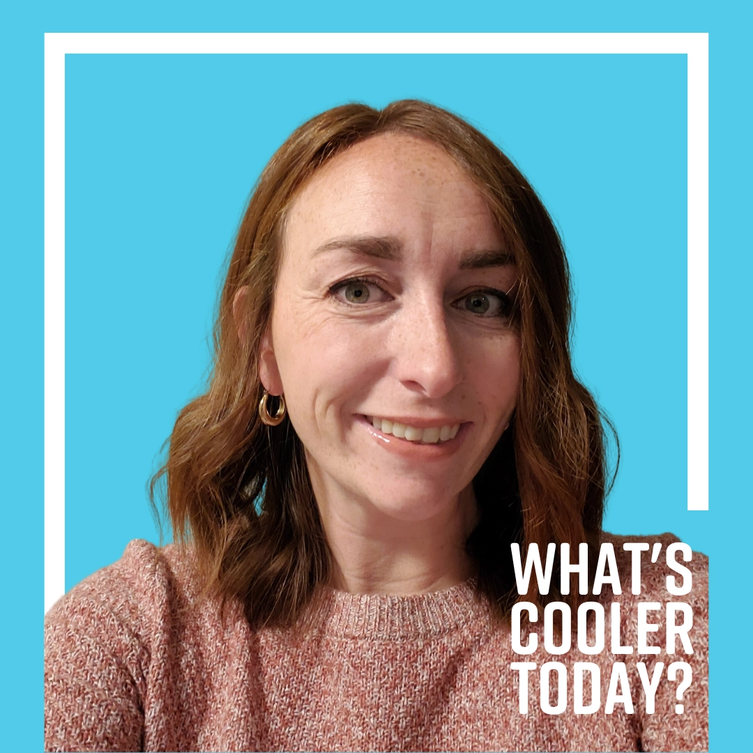 "What's Cooler Today?" Author Kayla smiling in front of blue screen