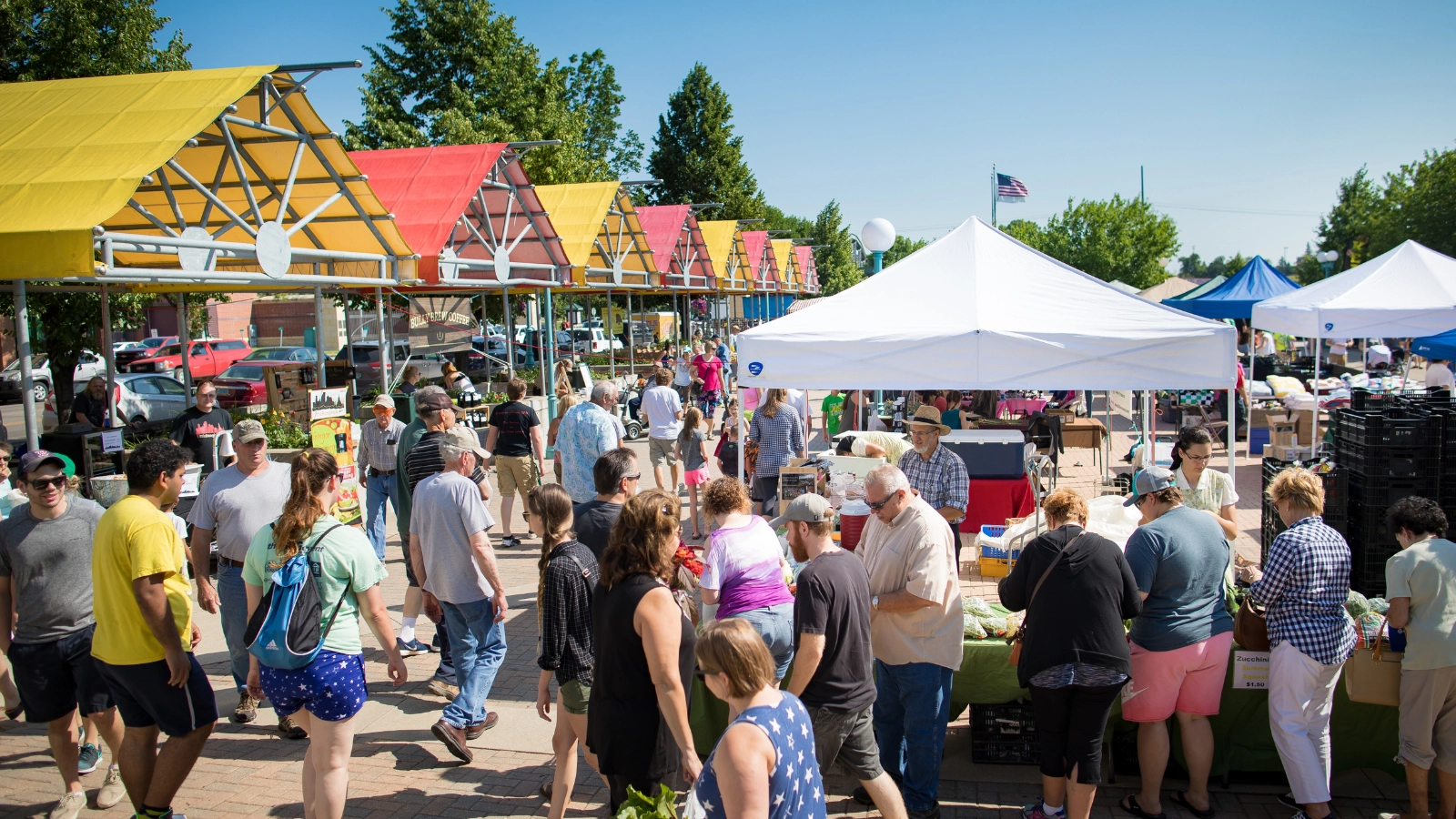 Colorful tents at the Town Square Farmer's Market in Grand Forks