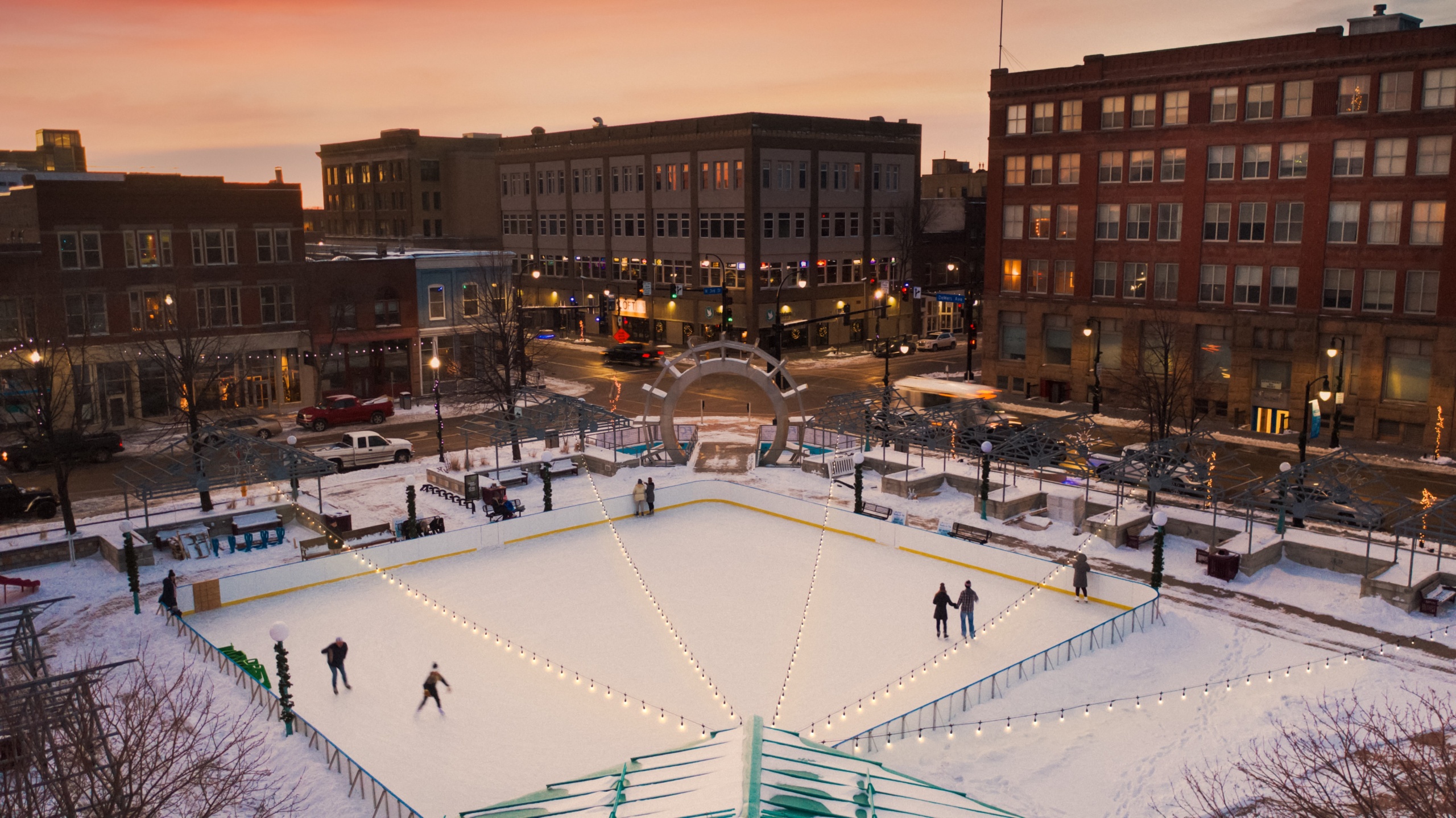 Children Ice skating in Town Square in Grand Forks.