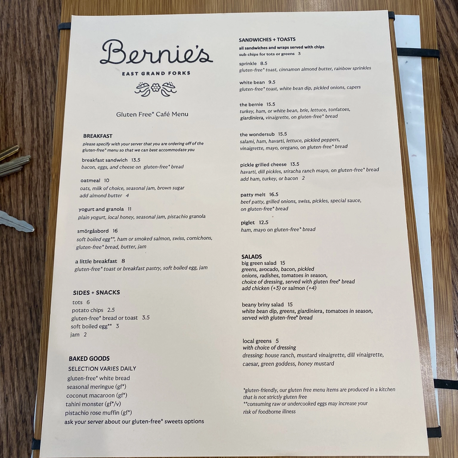 Bernie's food menu Grand Forks