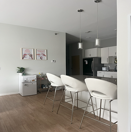 Interior Sonoma Lofts. White walls in a small but decent sized kitchen. Cute pink decorations and a mini-fridge in the corner.