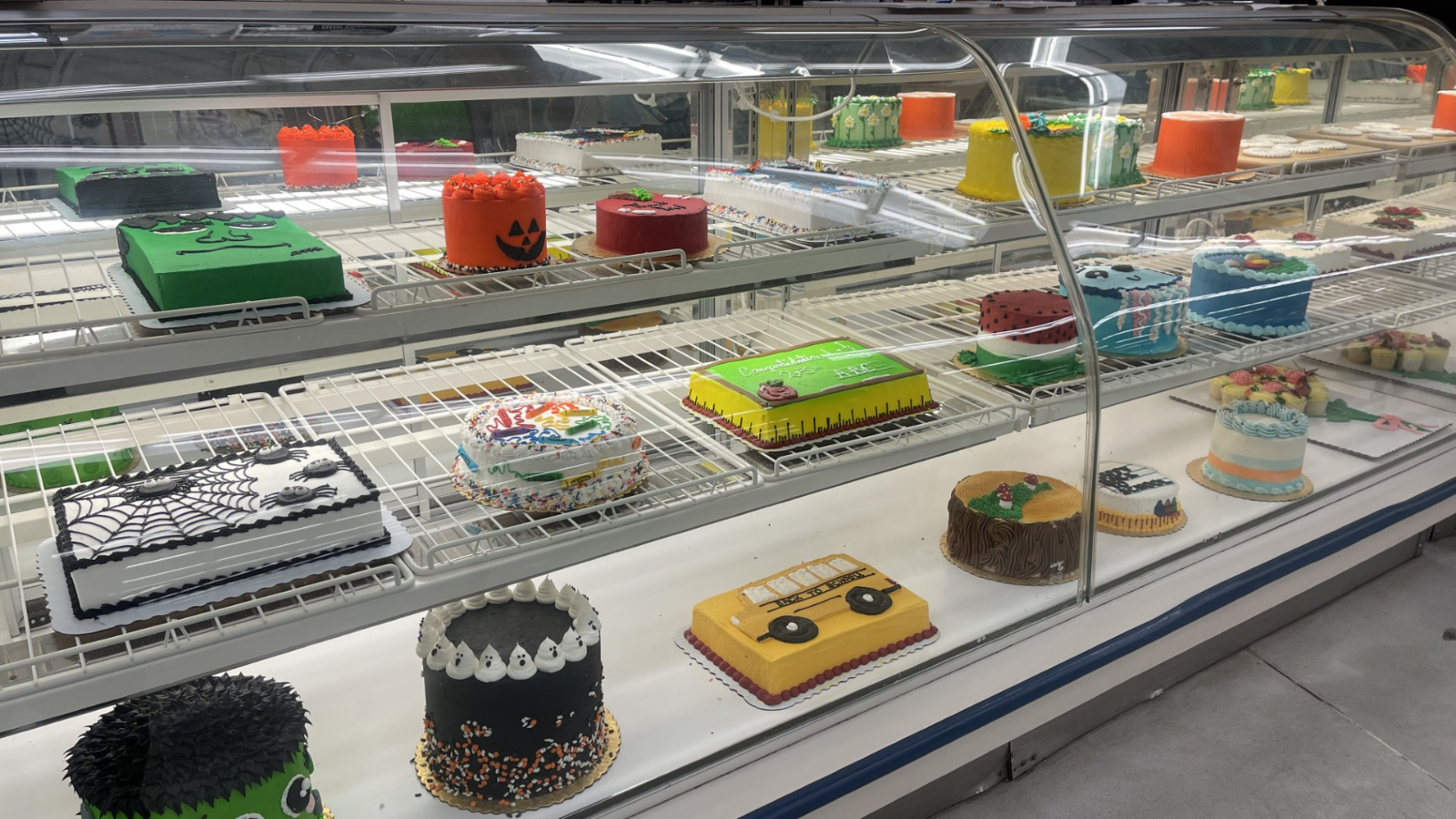 The cake displays at Hugo's bakery