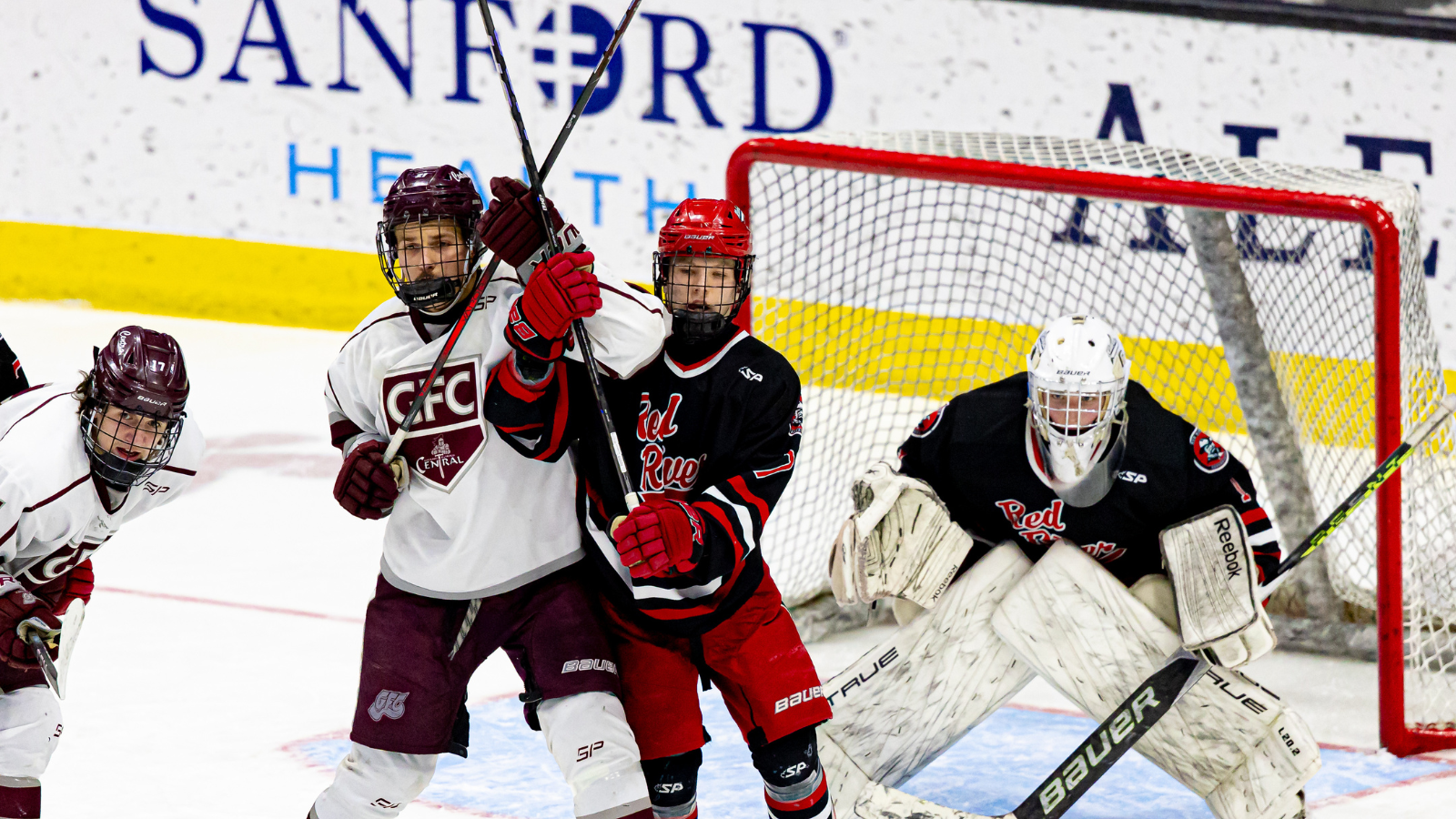 Hockey blocking and guarding the goalie in the Championship!