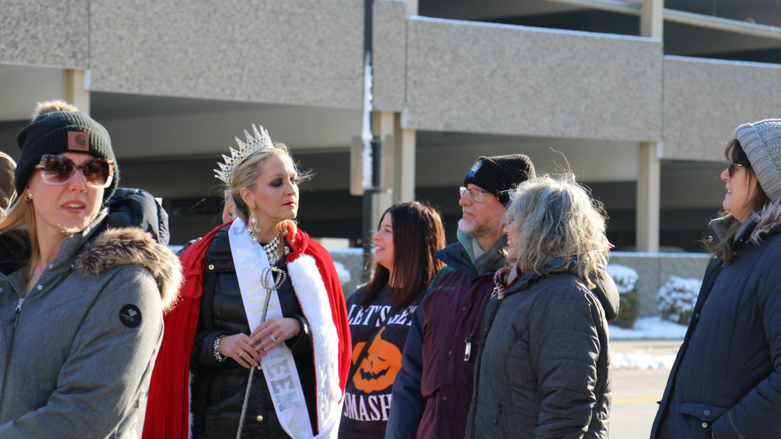 Downtown Ghostly walking tour cast member dressed as an evil queen stares down a tour attendee.
