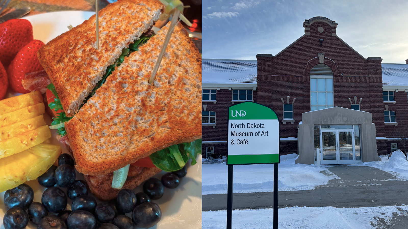 Pictured is the NDMOA on UND campus along with a snapshot of a yummy sandwich and fruit from the museum's cafe