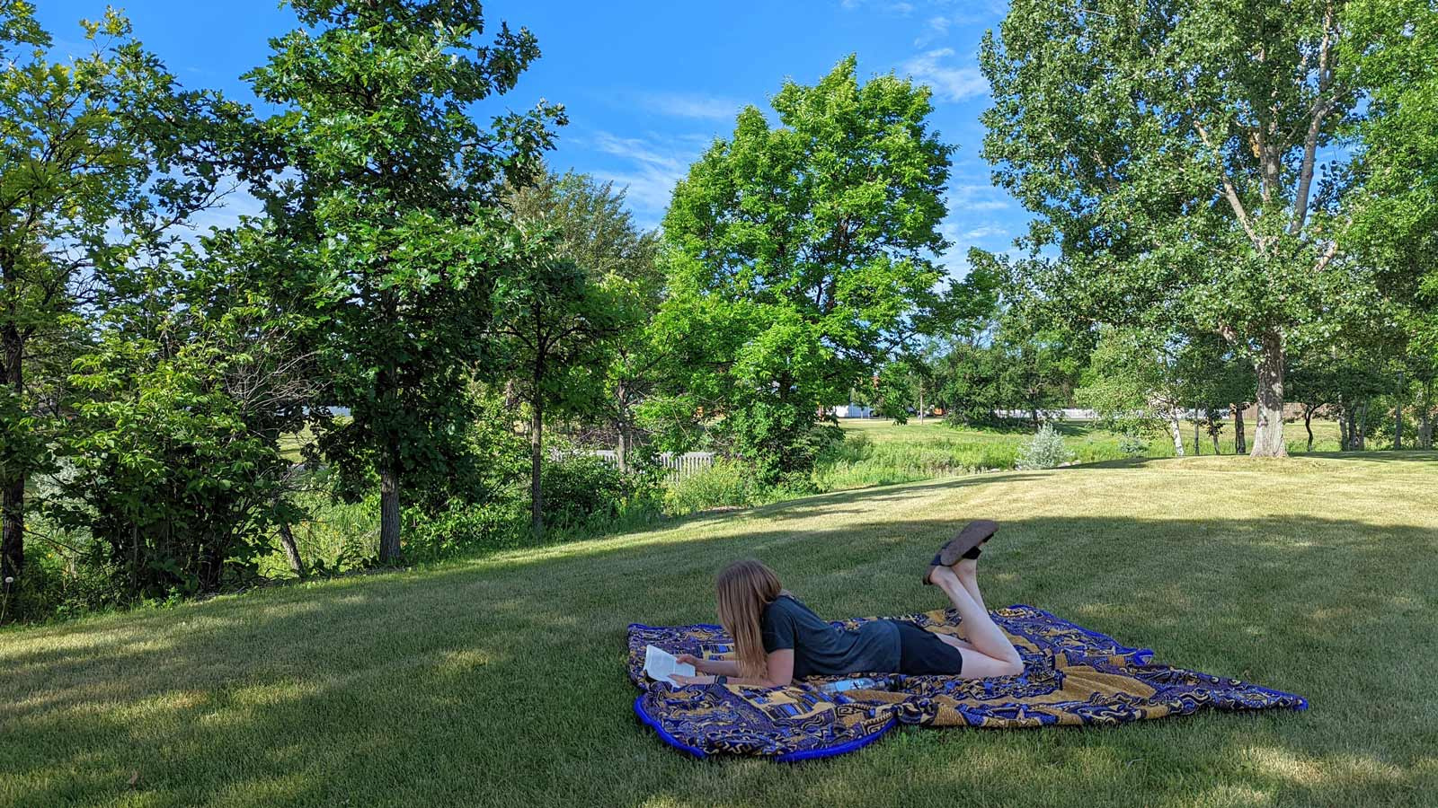 A women lays on the grass with a blanket whilst reading a book in Grand Forks