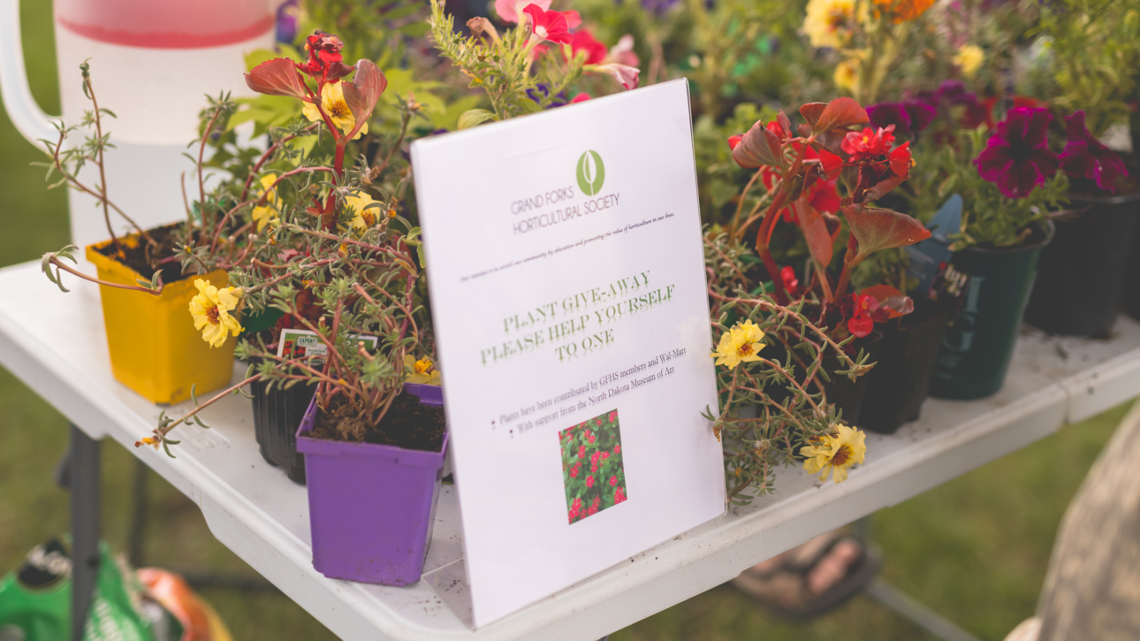 A Community Garden Event in Grand Forks with a welcome and instruction sign. There are flowers around it in their pots before being planted too.
