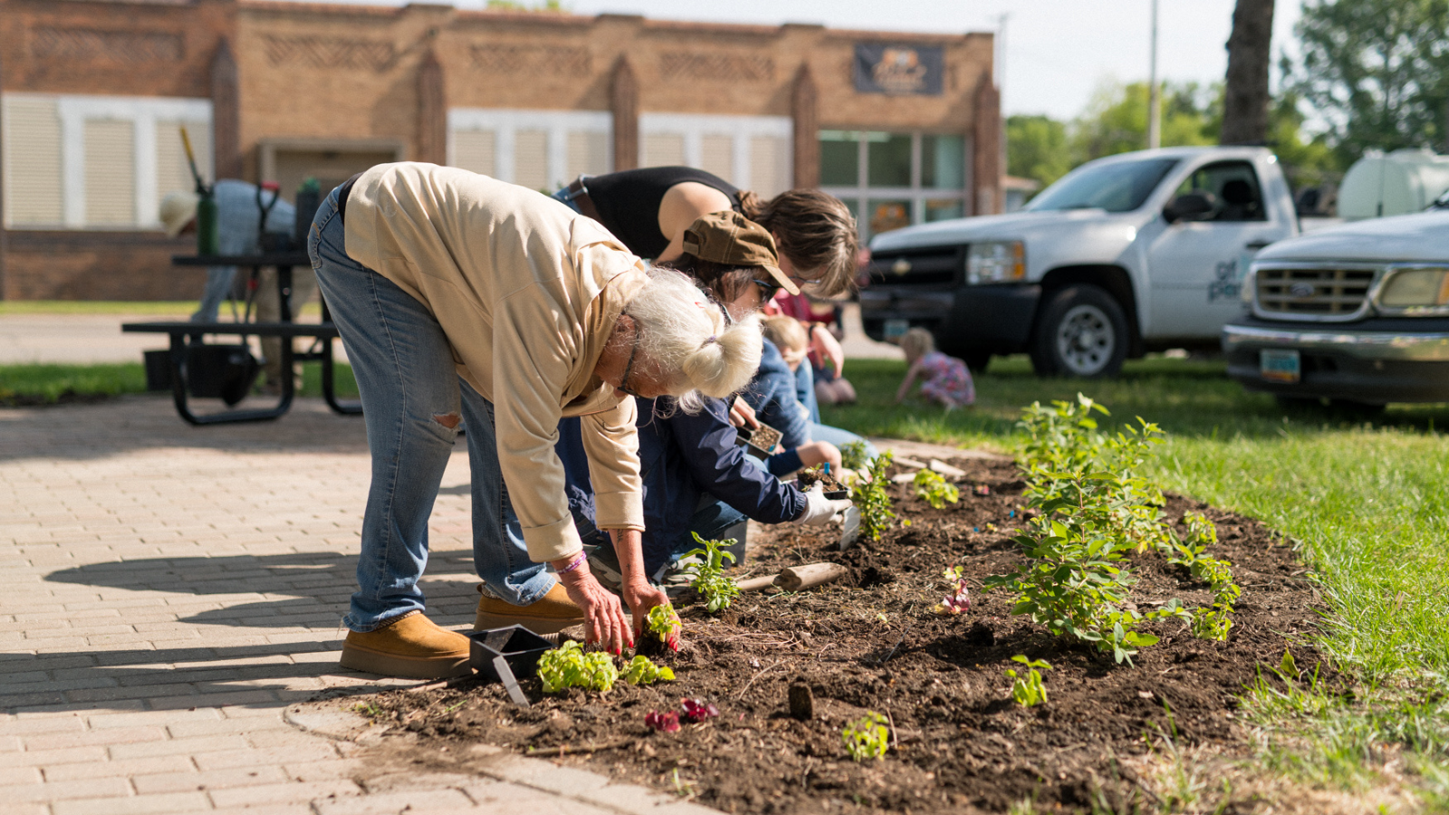 Community Volunteers work on planting around a path at Skidmore Park in Grand Forks