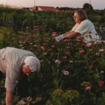 An older pair of community volunteers work on weeding through a flower garden in town at sunset